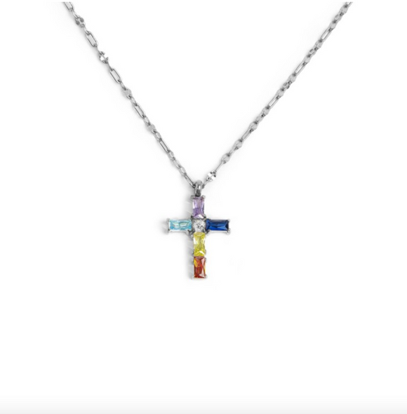 Collana croce pendente con cristalli colorati baguette - Marlù